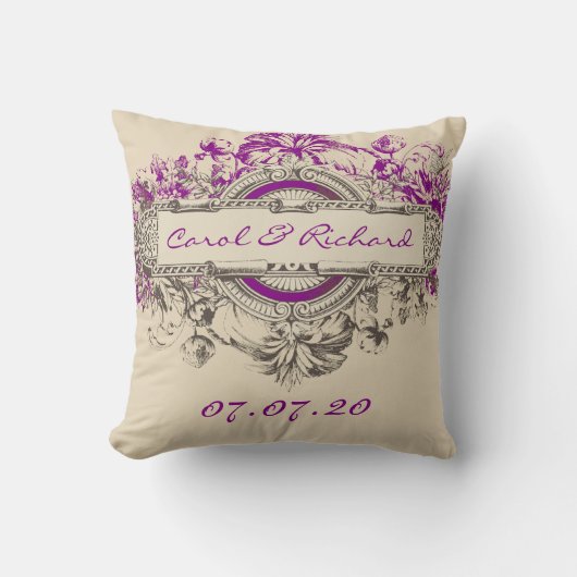タンの紫色の灰色のヴィンテージの花の結婚式の恋人 クッション (正面)
