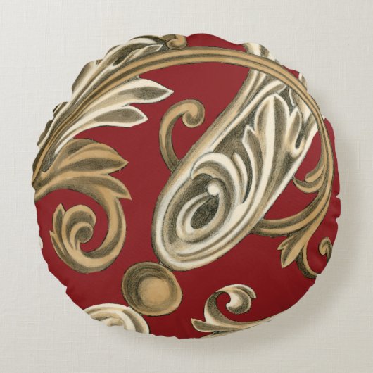 タンの群葉とのエレガントな植物のモチーフ ラウンドクッション (正面)