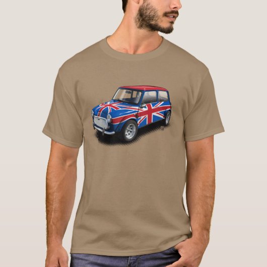タンのTシャツの英国国旗のクラシックな小型車 Tシャツ (正面)