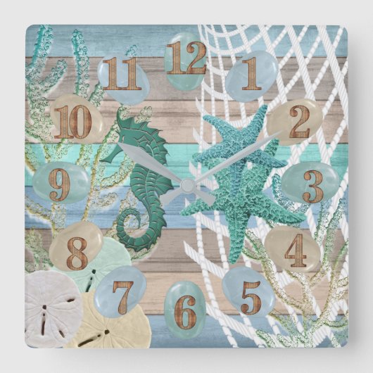 タンアンドブルービーチウッド航海の スクエア壁時計 (正面)