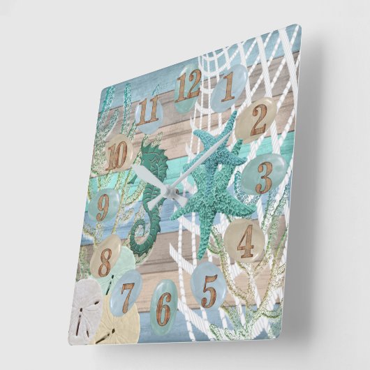 タンアンドブルービーチウッド航海の スクエア壁時計 (傾斜)