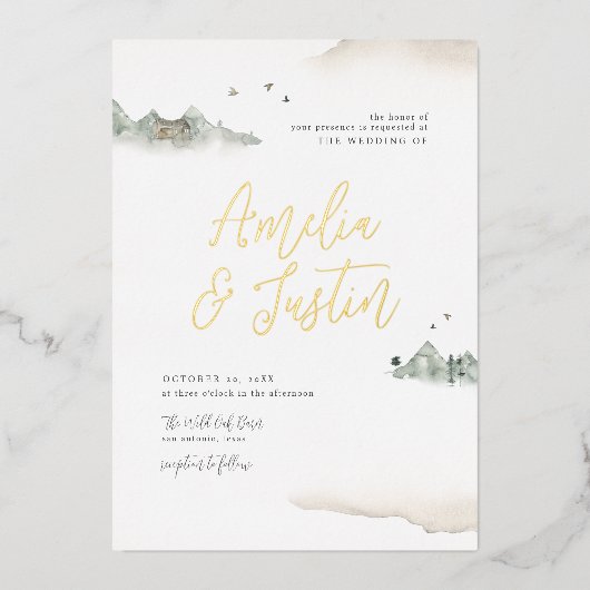 タンウォーターカラーマウンテンデスティネーションウェディング 箔招待状 (正面)