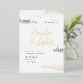 タンウォーターカラーマウンテンデスティネーションウェディング 箔招待状 (立ち正面)