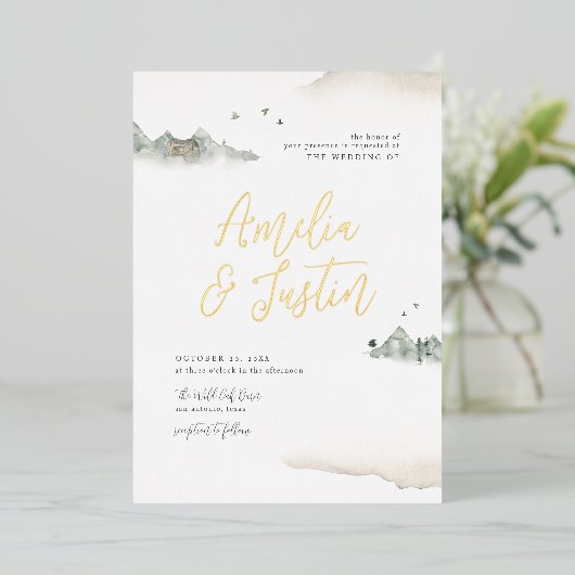 タンウォーターカラーマウンテンデスティネーションウェディング 箔招待状 (立ち正面)