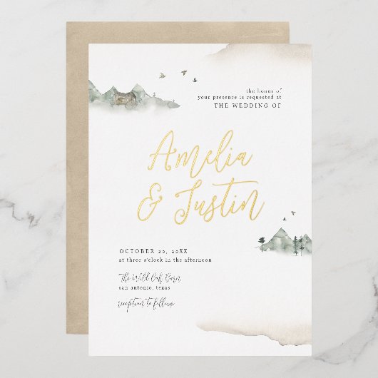 タンウォーターカラーマウンテンデスティネーションウェディング 箔招待状 (正面/裏面)