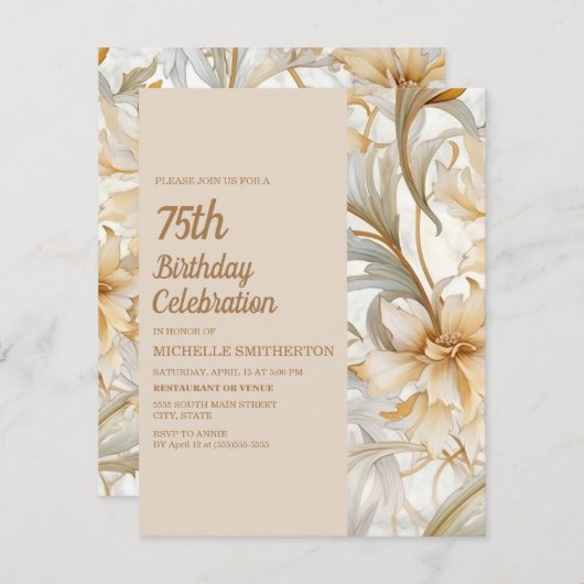 タンエレガントラストウォーターカラーフローラ75th誕生日 招待状 (正面/裏面)