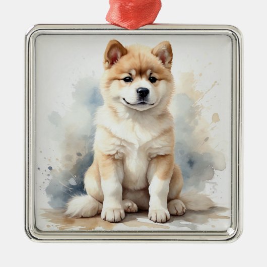 タングレー+ホワイトの水彩画風秋田犬 メタルオーナメント (正面)