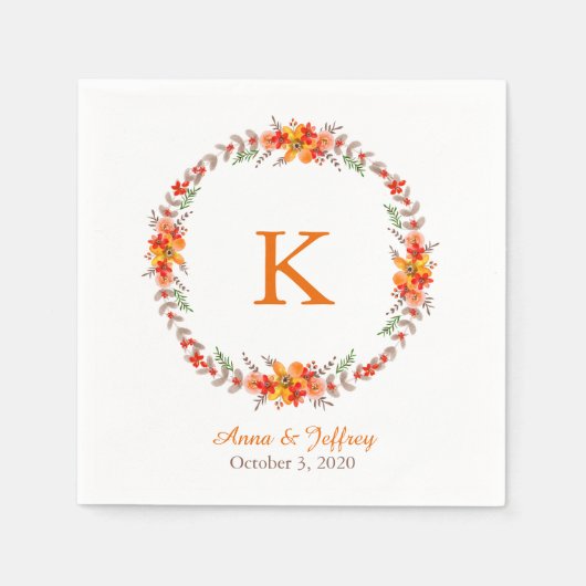 タンゲリンオレンジフローラリースモノグラム結婚ズ スタンダードカクテルナプキン (正面)