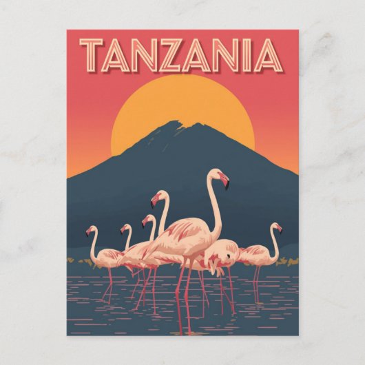 タンザニアのフラミンゴの夕焼け ポストカード (正面)