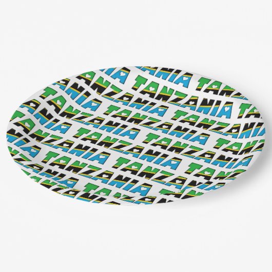タンザニア国旗の色タイポグラフィパターンハート ペーパープレート (アングル)