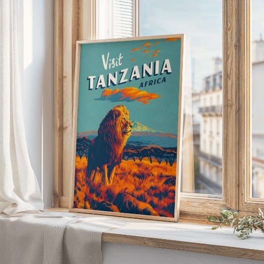 タンザニア・アフリカ・ヴィンテージ旅行プリントポスターライオン ポスター