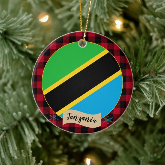 タンザニア、レッドバッファロープレイド&タンザニア国旗 セラミックオーナメント (ツリー)