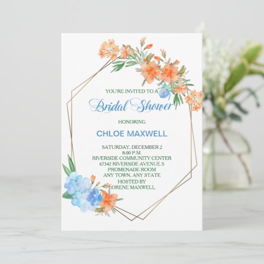 タンジェリンとブルーのフローラフレームブライダルシャワー 招待状 (スタンド正面)