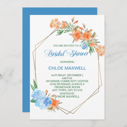 タンジェリンとブルーのフローラフレームブライダルシャワー 招待状 (正面/裏面)
