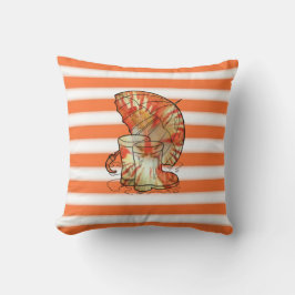 タンジェリンとホワイトストライプ傘&レインブーツ クッション