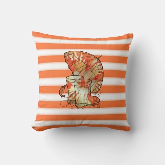 タンジェリンとホワイトストライプ傘&レインブーツ クッション (正面)