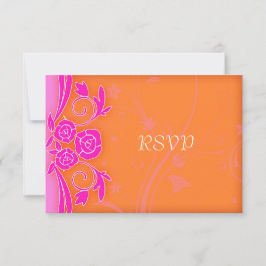 タンジェリンと燃えるようなピンクのバラの結婚式RSVP 出欠カード (正面)