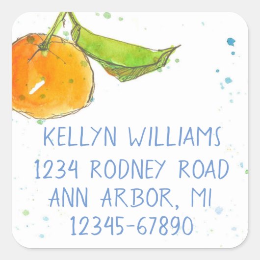 タンジェリンウォーターカラーフルーツ差出人住所 スクエアシール (正面)