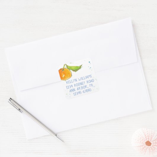 タンジェリンウォーターカラーフルーツ差出人住所 スクエアシール (封筒)