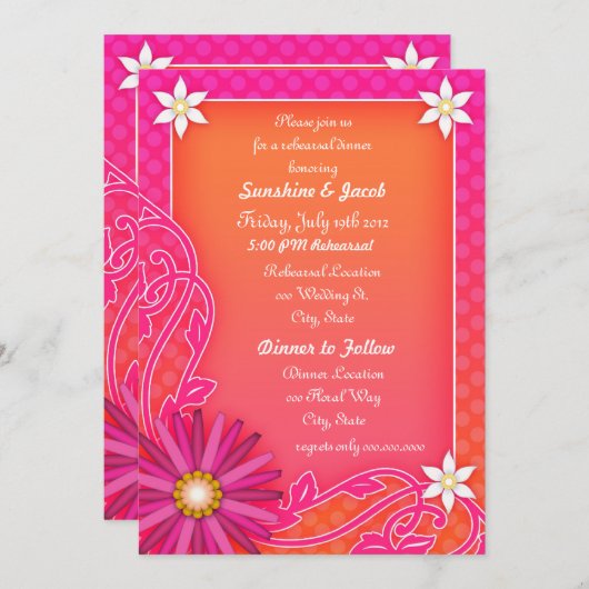 タンジェリンオレンジとピンク結婚のリハーサルディナー 招待状 (正面/裏面)