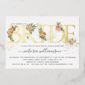 タンジェリンシトラスおよび金ゴールドフローラブライダルシャワー 箔招待状 (正面)