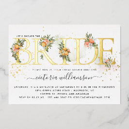 タンジェリンシトラスおよび金ゴールドフローラブライダルシャワー 箔招待状