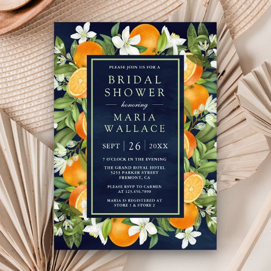 タンジェリンシトラスオレンジネイビーフォトブライダルシャワー 招待状