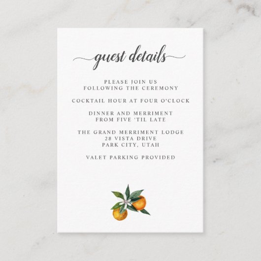 タンジェリンシトラス結婚ズ詳細アコモデーション エンクロージャーカード (正面)