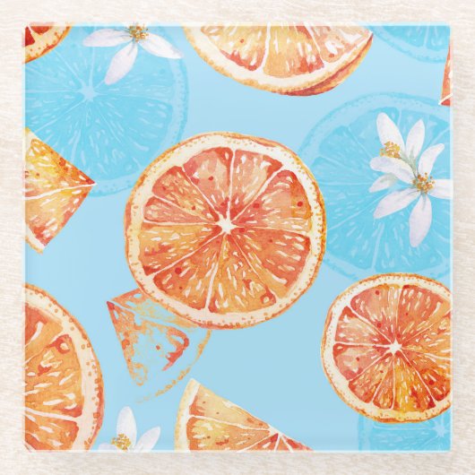 タンジェリン水彩青い高級織物 ガラスコースター (正面)