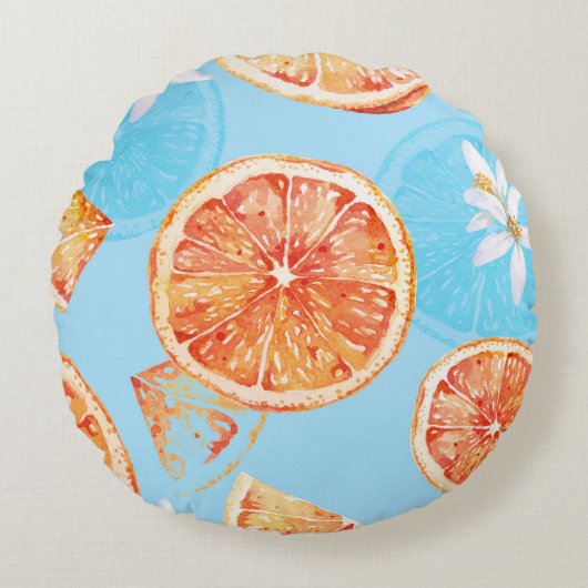 タンジェリン水彩青い高級織物 ラウンドクッション (正面)