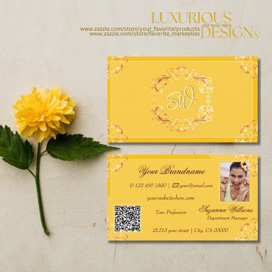 タンジェリン華美オレンジモノグラム写真QRコード 名刺