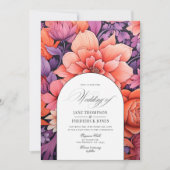 タンジェリン、ホットピンク、ロイヤルパープルのフラワーのウェディング 招待状 (正面)