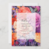 タンジェリン、ホットピンク & ロイヤルパープル フラワーズ ウェディング 招待状 (正面)