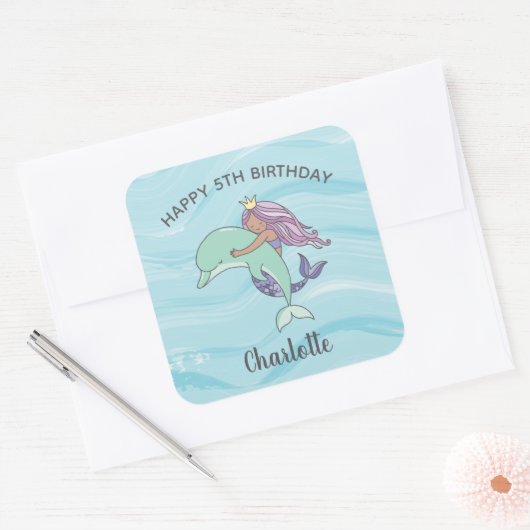 タンスキンパープルマーメイドウィズドルフィン誕生日 スクエアシール (封筒)
