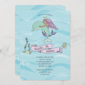 タンスキンパープルマーメイドウィズドルフィン誕生日 招待状 (正面/裏面)