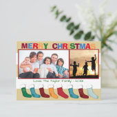 タンストライプの2枚の写真ストッキング - 3x5クリスマスカード 招待状 (スタンド正面)