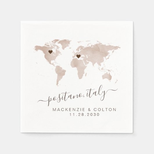 タンセピアブラウンワールドマップ移動可能なハート結婚ズ スタンダードカクテルナプキン (正面)