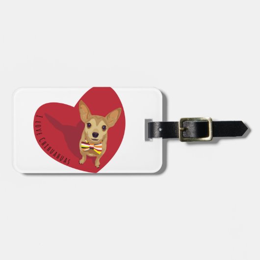 タンチワワと弓タイの赤いハート ラゲッジタグ (正面横)