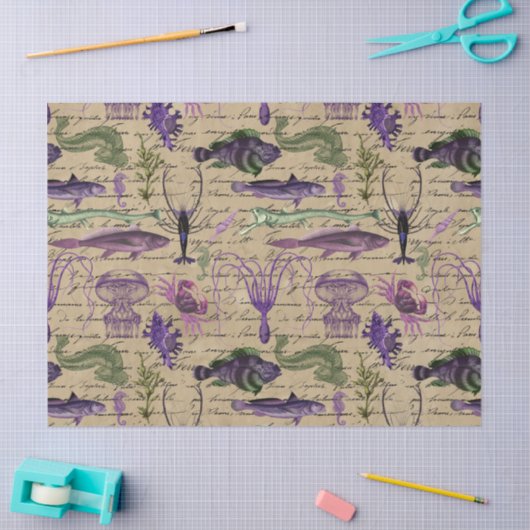 タンデクページの紫と緑の海の生物 薄葉紙 (クラフト)