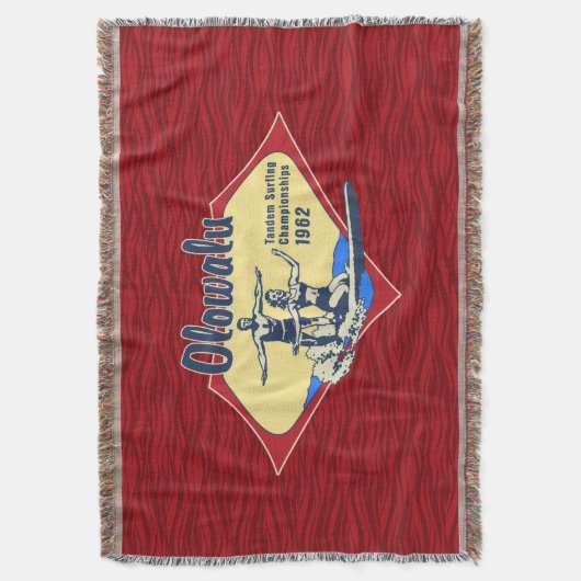 タンデムサーフィンハワイアンヴィンテージサーフデザイン スローブランケット (正面縦)