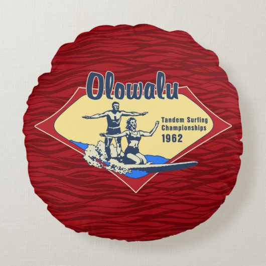 タンデムサーフィンハワイアンヴィンテージサーフデザイン ラウンドクッション (正面)