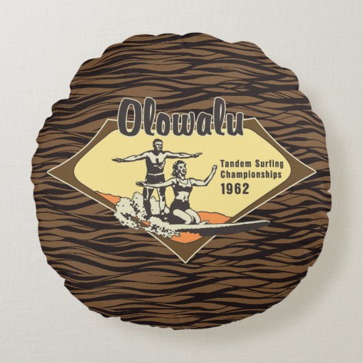 タンデムサーフィンハワイアンヴィンテージサーフデザイン ラウンドクッション (正面)