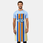 タンデムサーフィンハワイアンヴィンテージサーフデザイン – 青 エプロン (着用した状態)