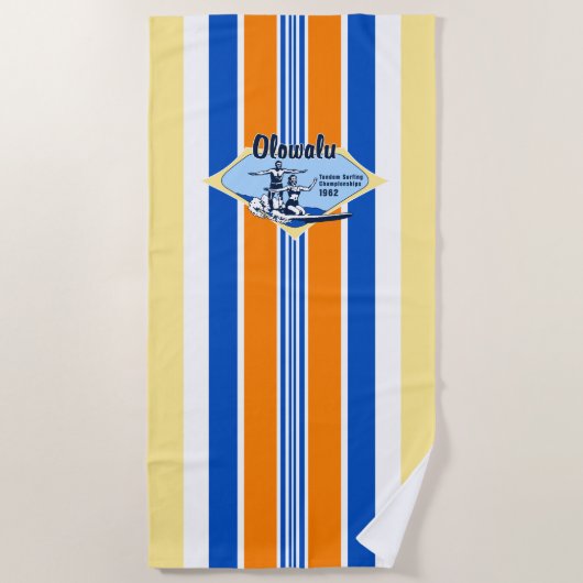 タンデムサーフィンハワイアンヴィンテージサーフ – 黄 ビーチタオル (正面)
