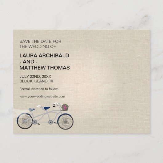 タンデムダークブルー自転車の結婚式の日付を保存 案内ポストカード (裏面)