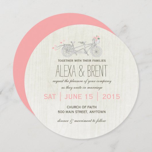 タンデムバイクを持つ円形の結婚式招待状 招待状 (正面/裏面)