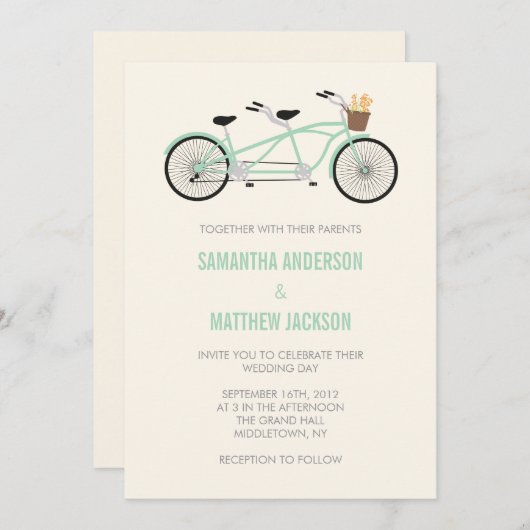タンデムバイク結婚式招待状 – ミントグリーン 招待状 (正面/裏面)