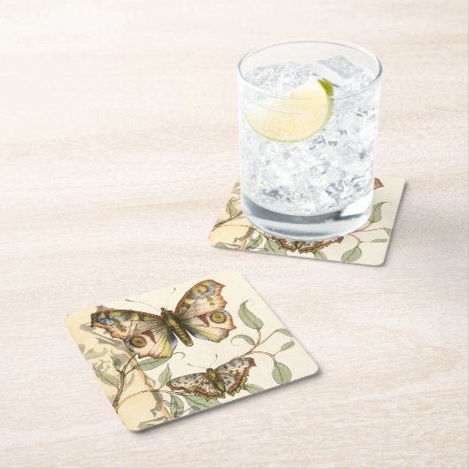 タンデムバタフライオーバーグリーン葉ズ スクエアペーパーコースター (インサイチュ)
