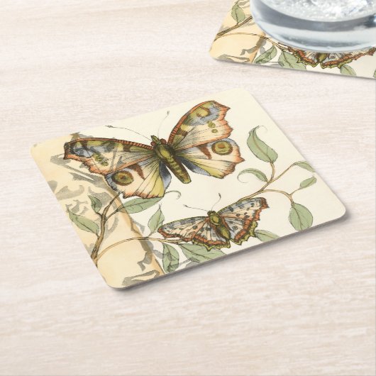 タンデムバタフライオーバーグリーン葉ズ スクエアペーパーコースター (アングル)