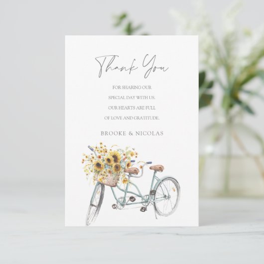 タンデム素朴自転車ひまわりウォーター結婚カラー サンキューカード (スタンド正面)